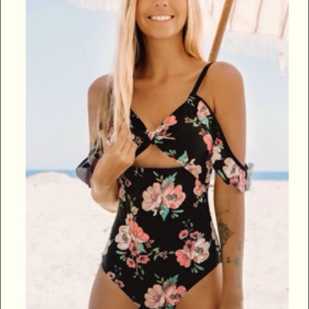 Black floral cold shoulder one piece swim suit